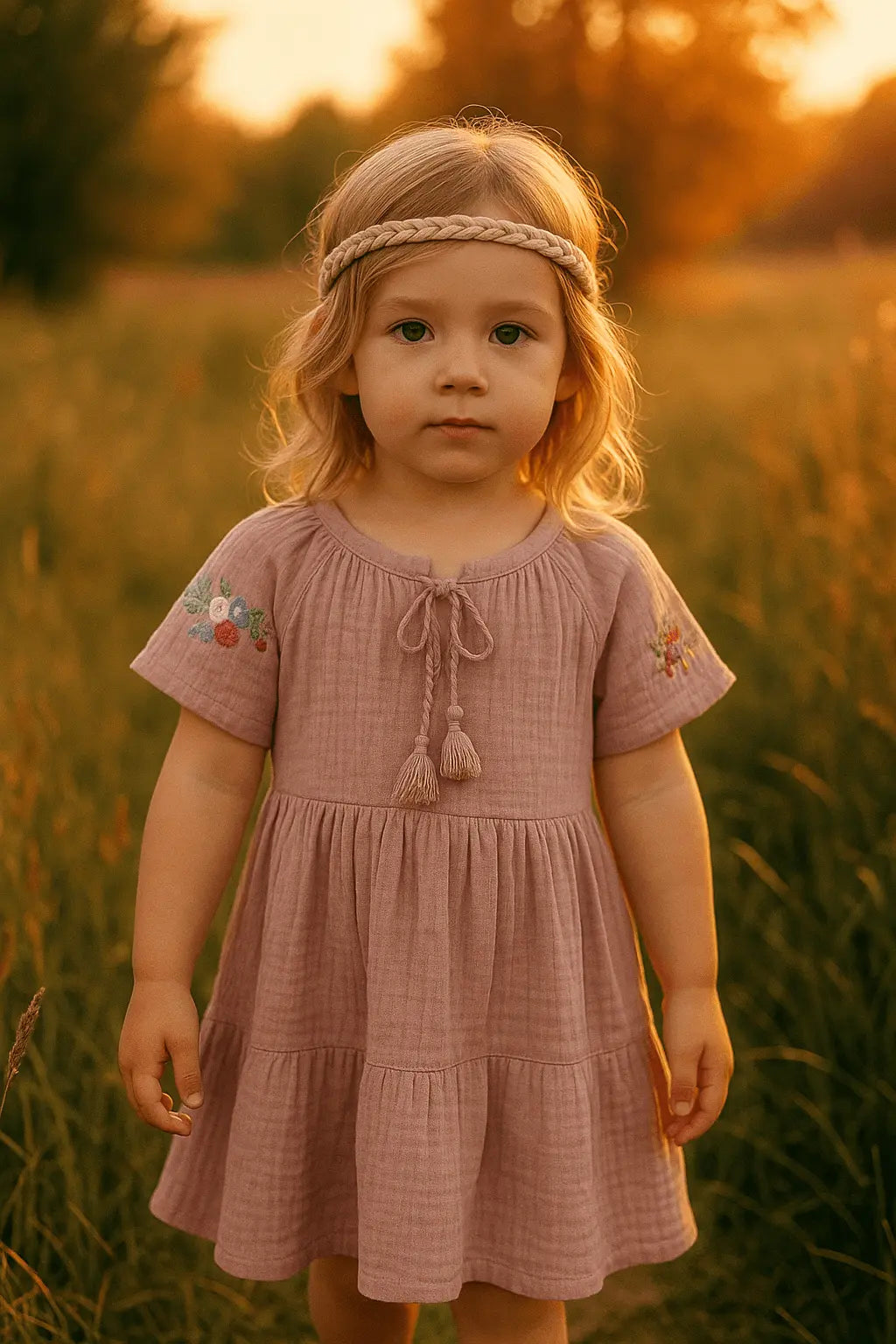 Robe Fille Rose Poudré en Coton – Manches Courtes Brodées, Nœud à l’avant
