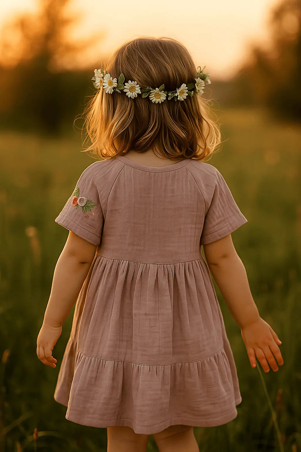 Robe Fille Rose Poudré en Coton – Manches Courtes Brodées, Nœud à l’avant