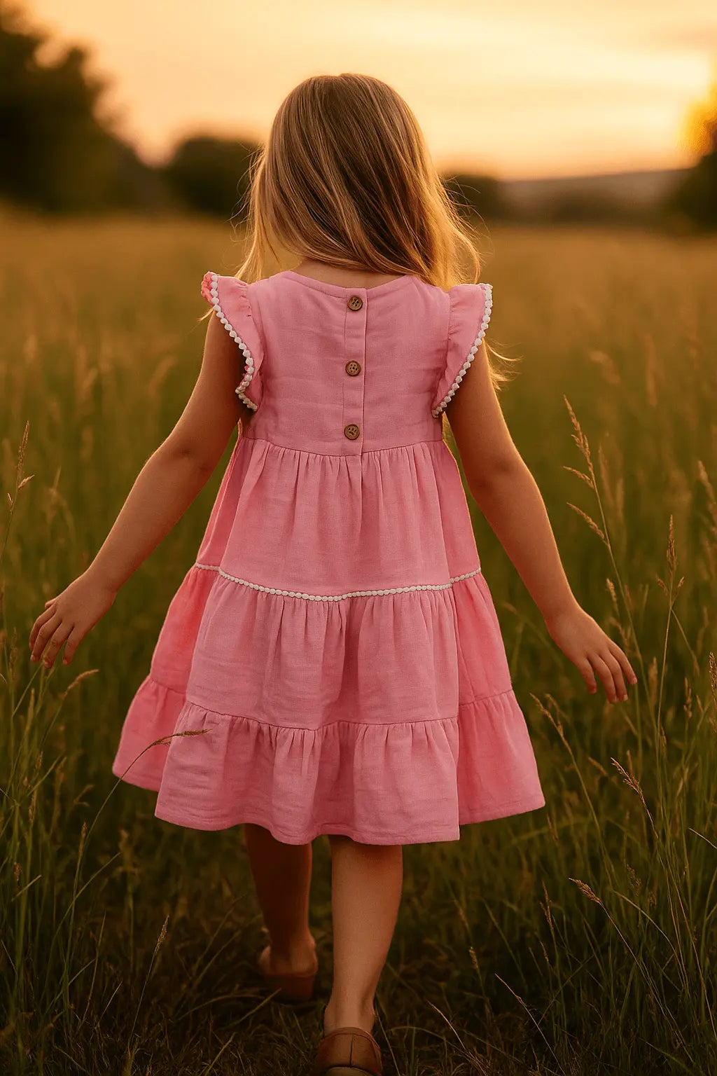Robe Rose Fille en Coton avec Dentelle et Broderie