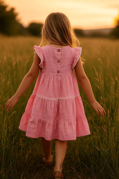Robe Rose en Coton avec Dentelle et Broderie ref 429610