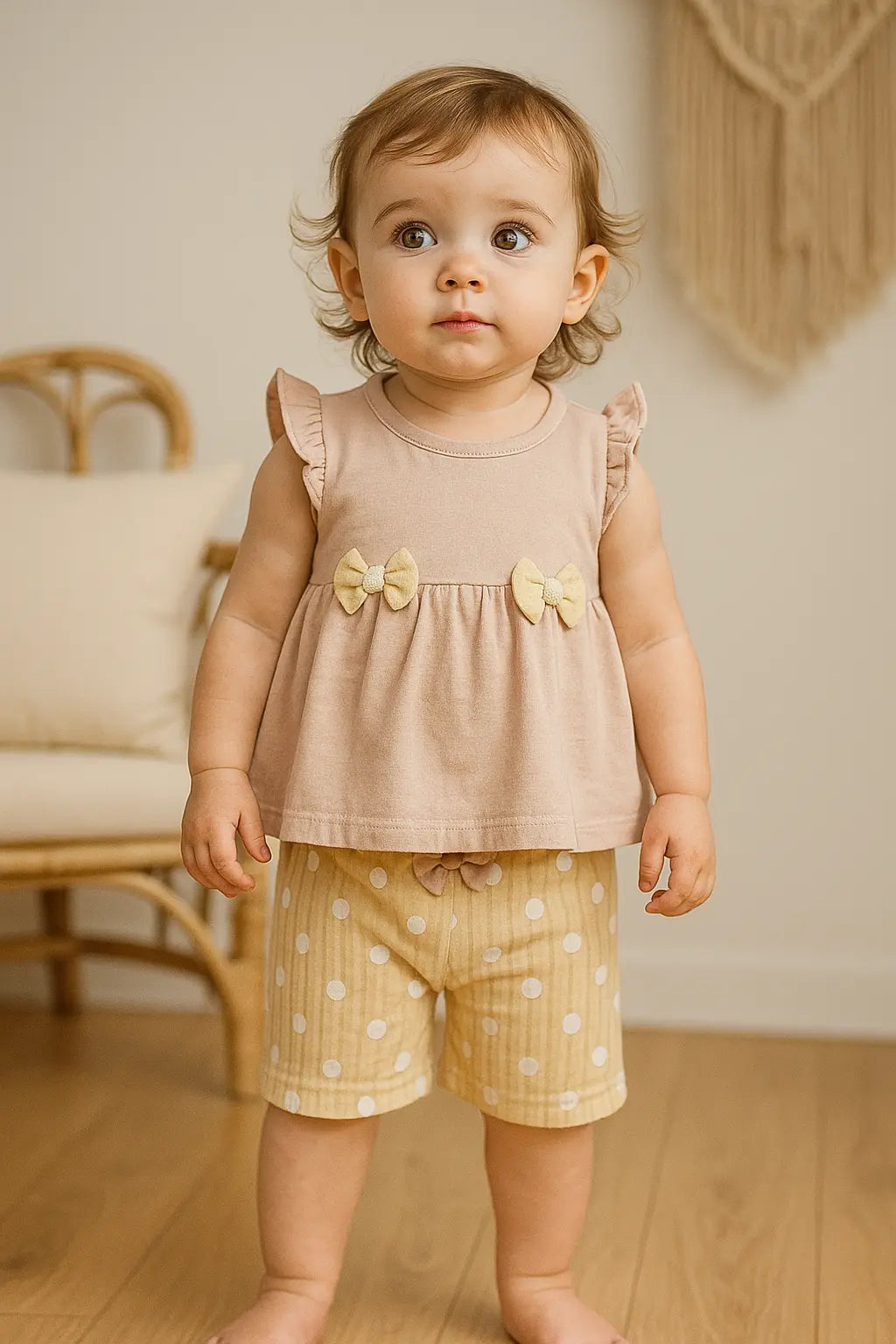 Ensemble Bébé Fille Beige – T-shirt Volants, Short à Pois