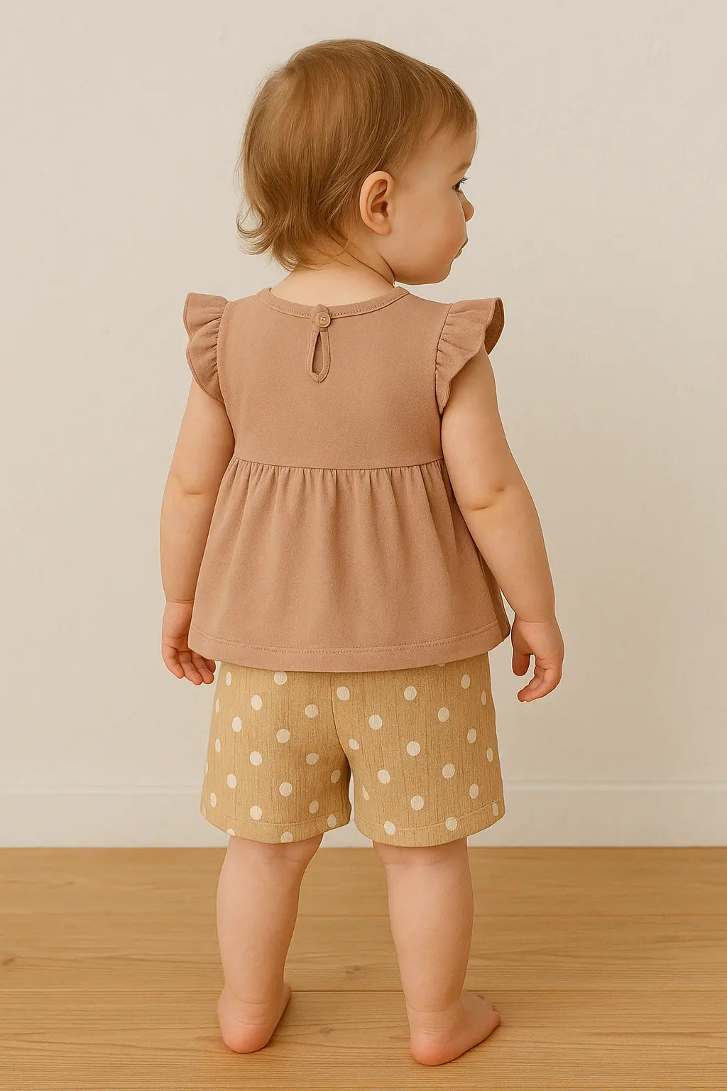 Ensemble Bébé Fille Beige – T-shirt Volants, Short à Pois