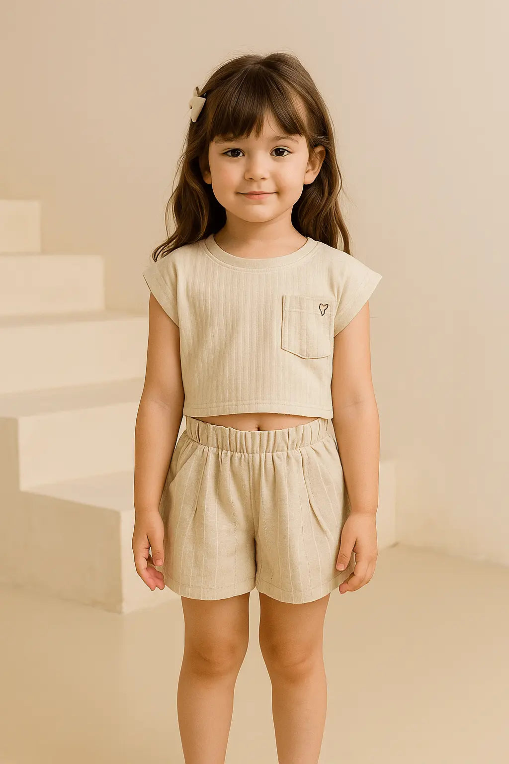 Ensemble fille crème 2 pièces – T-shirt bijou cœur & short bouffant doré