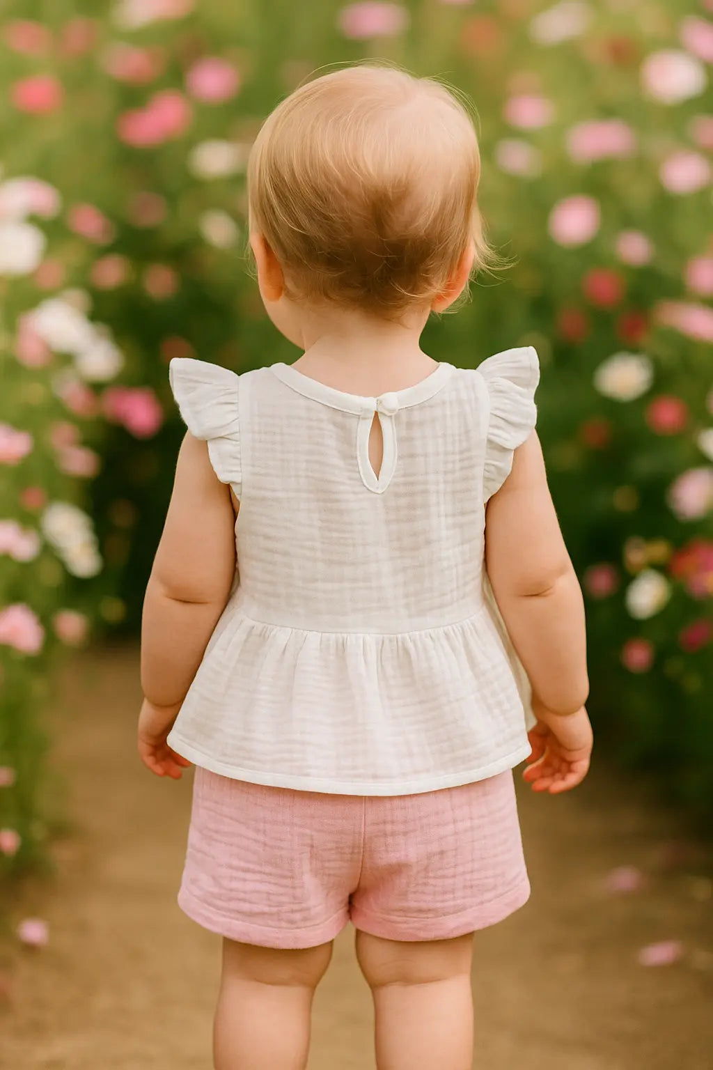 Ensemble Bébé Fille 100% Coton – T-shirt Blanc Brodé & Short Rose Clair