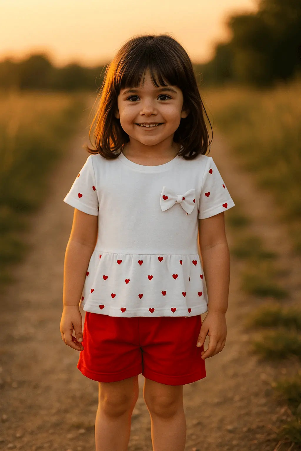 Ensemble Fille Été 2 à 5 ans – T-shirt Blanc à Cœurs & Short Rouge