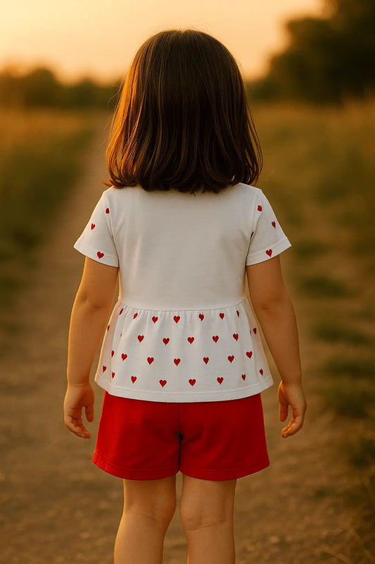 Ensemble Été 2 à 5 ans – T-shirt Blanc à Cœurs & Short Rouge ref 425959