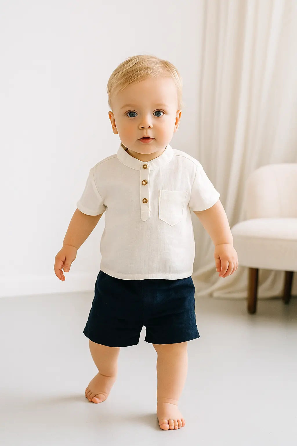 Ensemble Garçon Été 100% Coton – T-Shirt Blanc & Short Bleu Marine