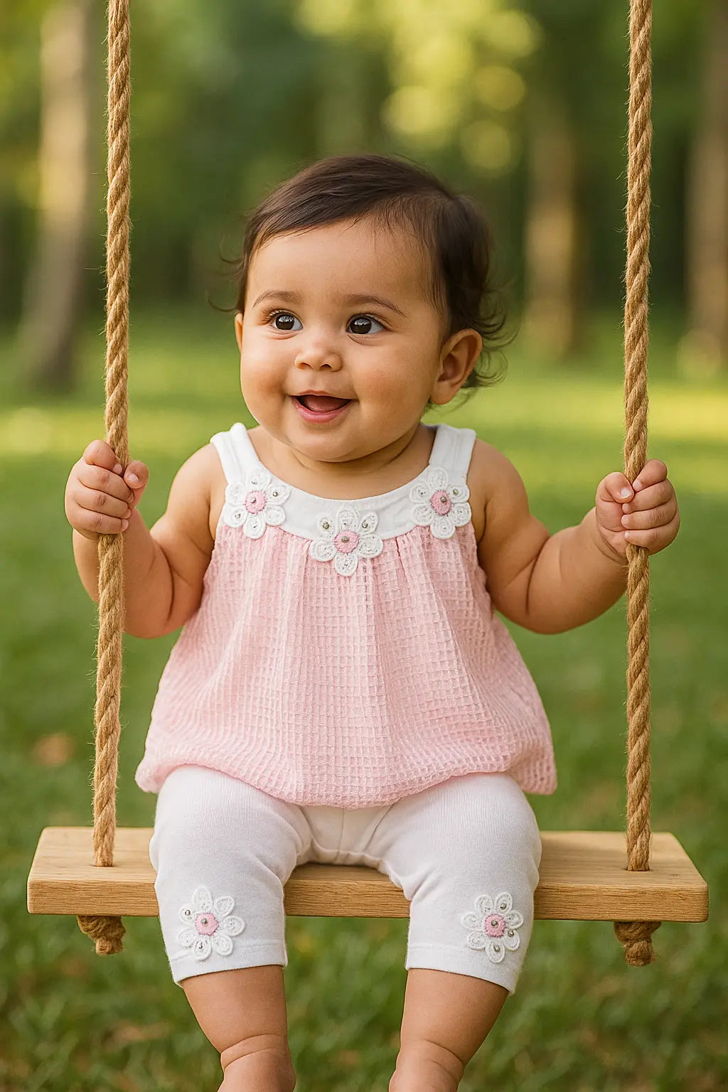 Ensemble Bébé Fille Rose et Blanc – T-shirt Bretelle Dentelle + Pantacourt Fleuris