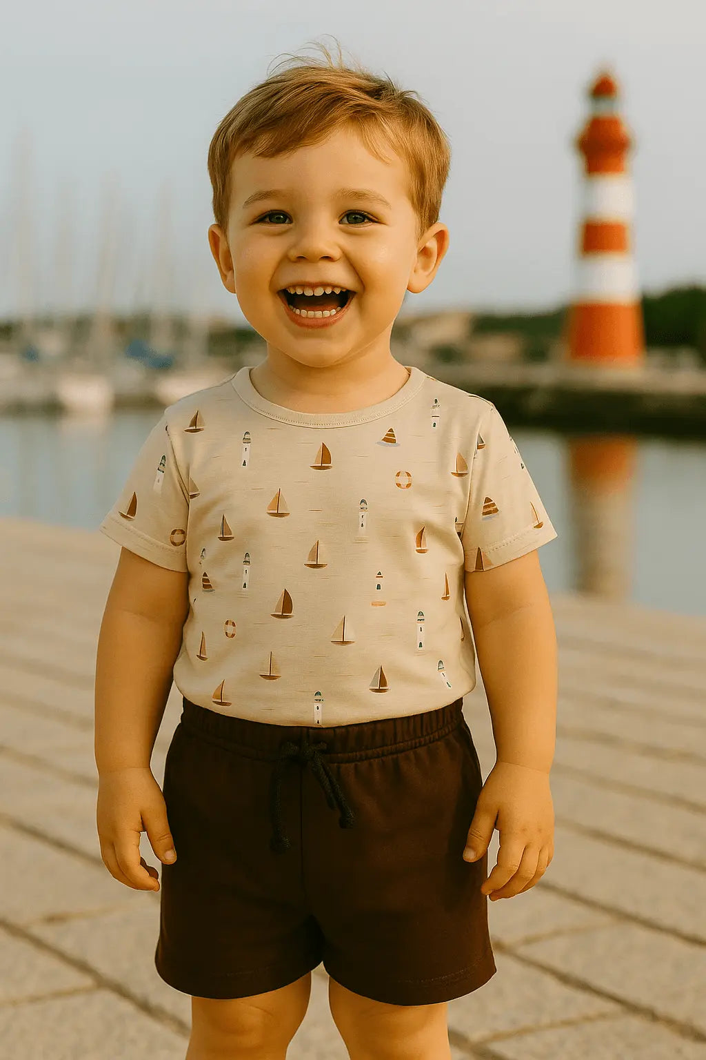 Ensemble garçon t-shirt bateau + short marron