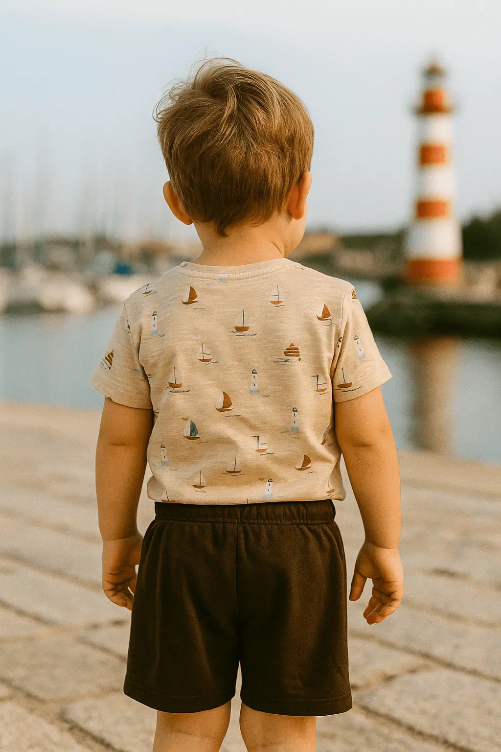Ensemble garçon t-shirt bateau + short marron