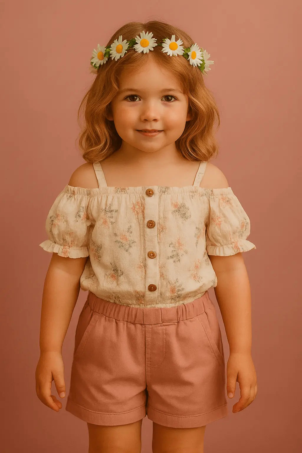 Ensemble fille T-shirt crème à fleurs & short rose