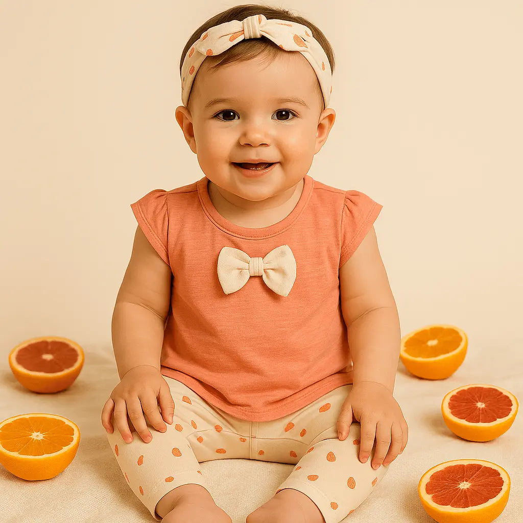 Ensemble Bébé Fille 3 Pièces – T-Shirt Rose Poudré, Legging Crème & Bandeau