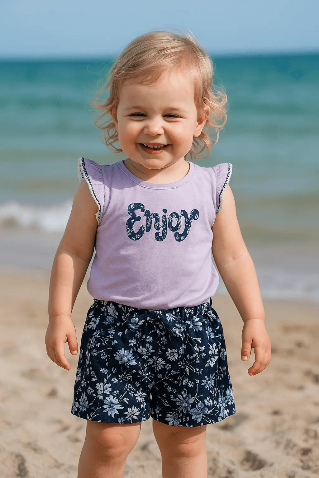 Ensemble Fille Été T-shirt Mauve "Enjoy" & Short Bleu Marine Fleuri