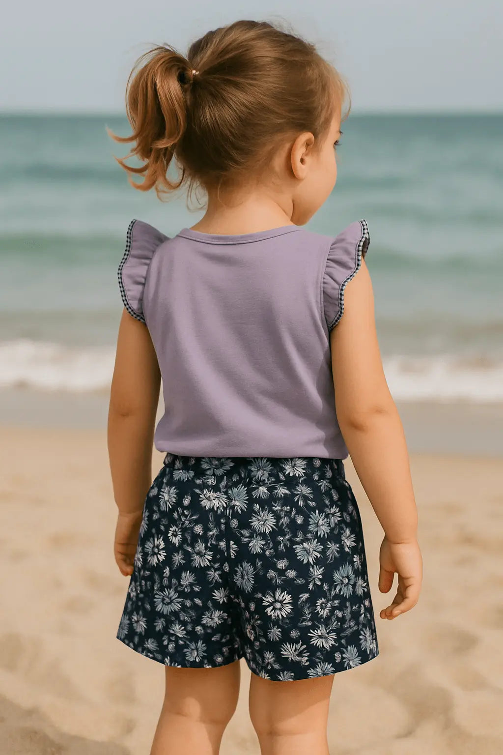 Ensemble Fille Été T-shirt Mauve "Enjoy" & Short Bleu Marine Fleuri