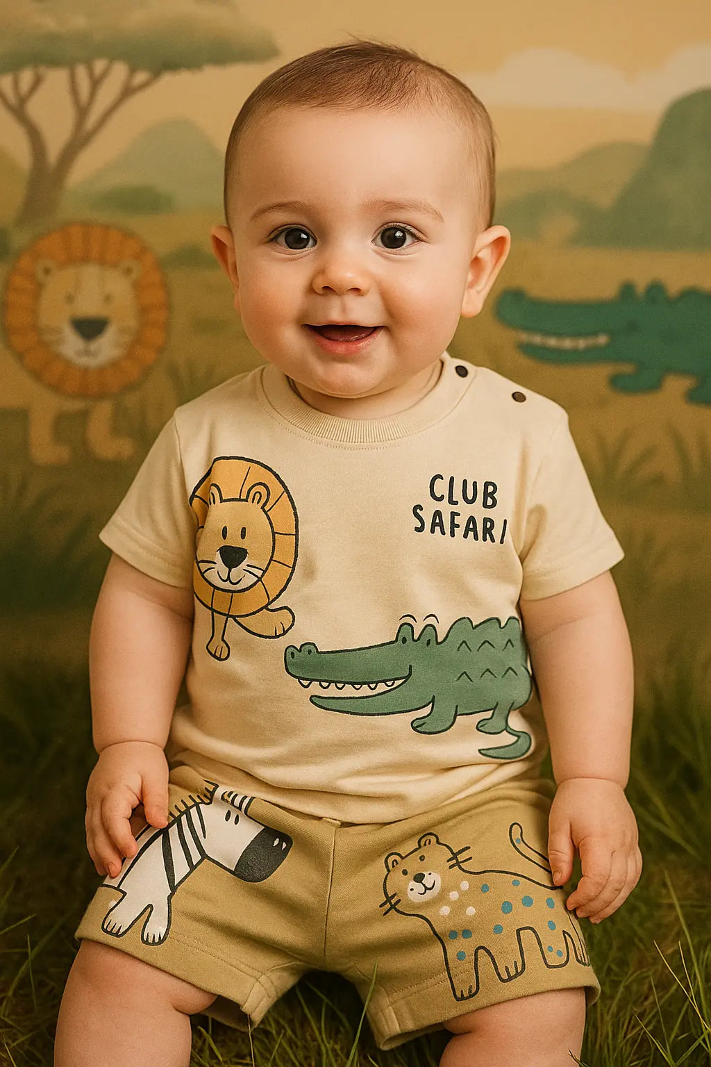Ensemble Bébé Garçon Safari – T-shirt "Club Safari" + Short Beige
