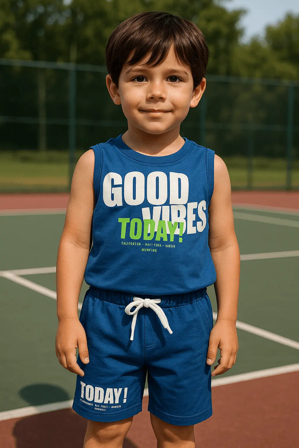 Ensemble garçon t-shirt et short bleu marine – Motifs "Good Vibes" et "Today"