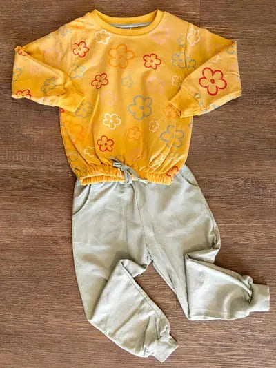 Pull Jaune Fleuri & Pantalon Turquoise 3-6 ans ref 0302