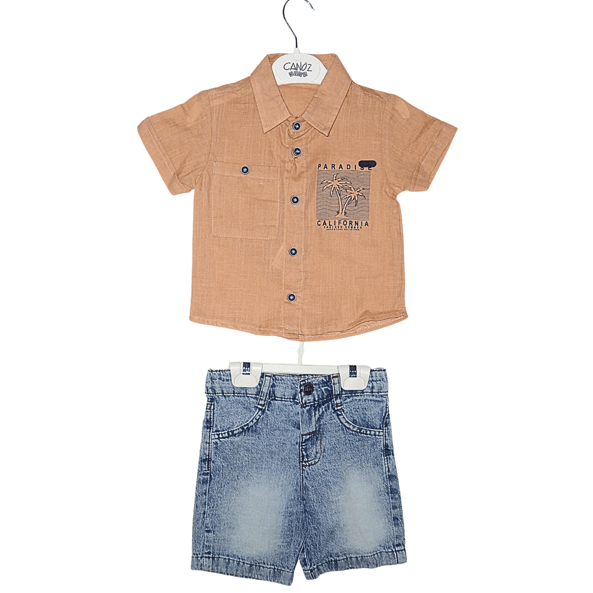 Ensemble Garçon Été – Chemise Camel à Manches Courtes + Short Imitation Jean Little Stars