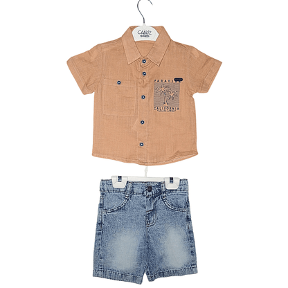 Ensemble Garçon Été – Chemise Camel à Manches Courtes + Short Imitation Jean Little Stars