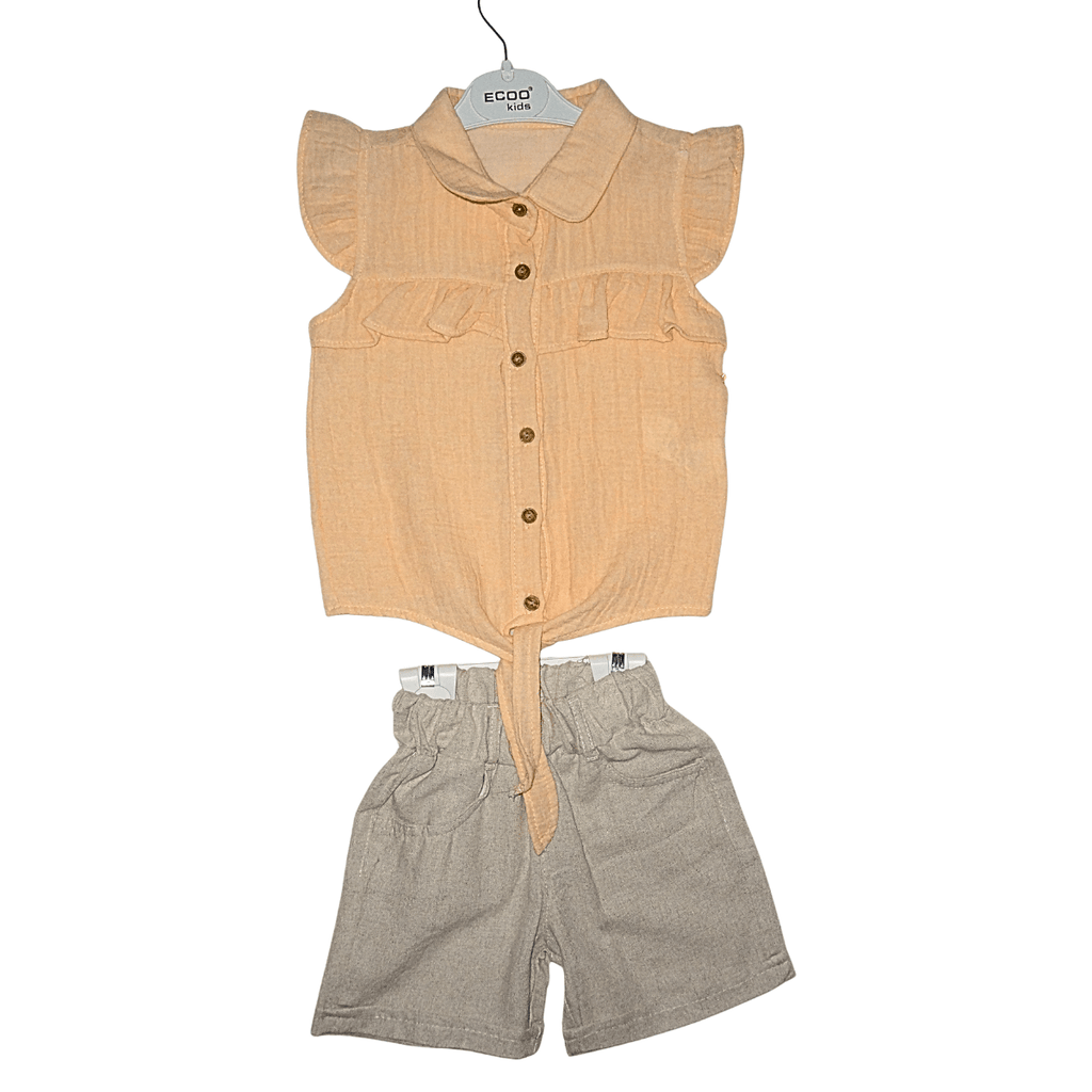 Ensemble Fille Corail et Beige – Chemisier avec Nœud + Short en Coton Little Stars
