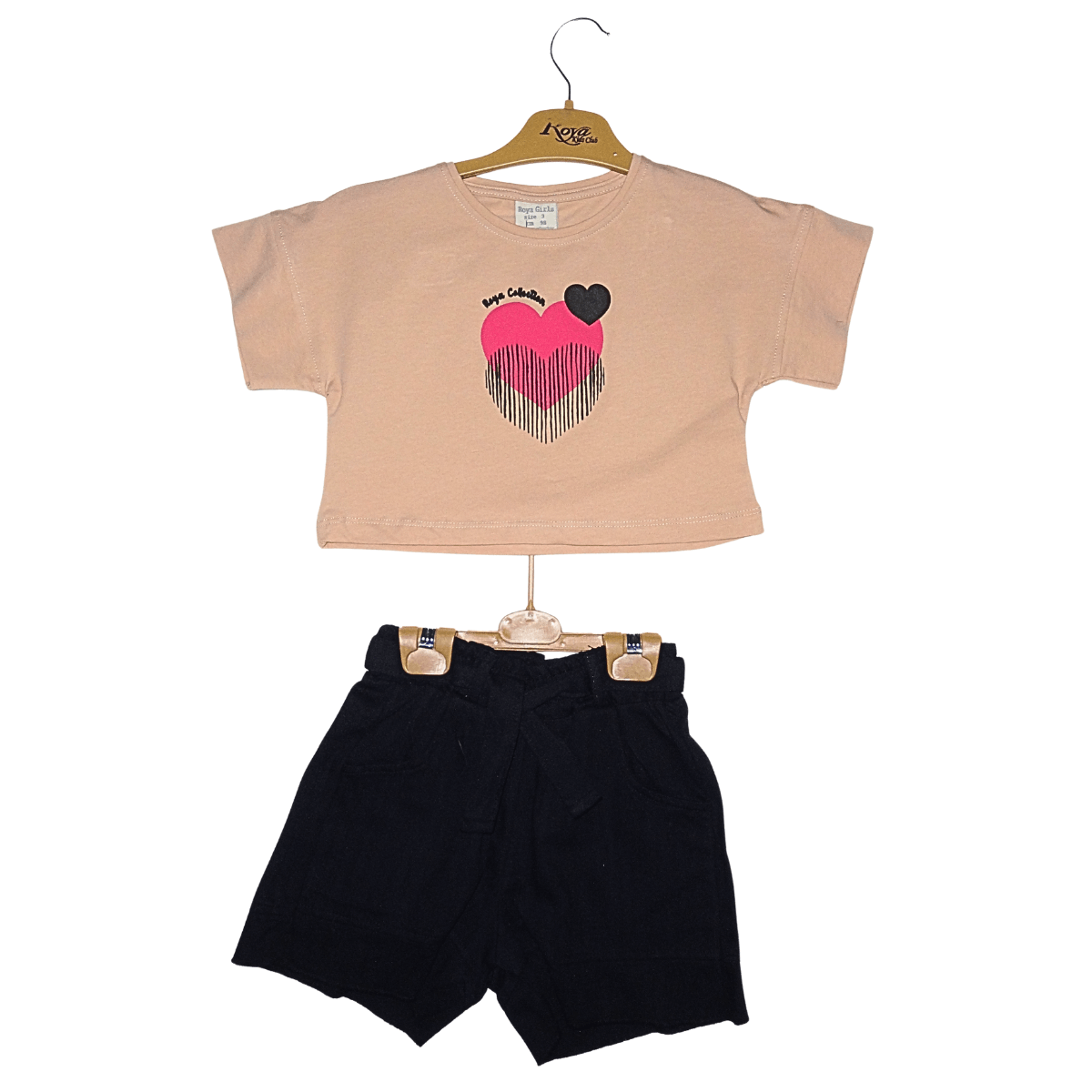 Ensemble fille 2 pièces – T-shirt crop top cœur & short noir ceinturé Little Stars