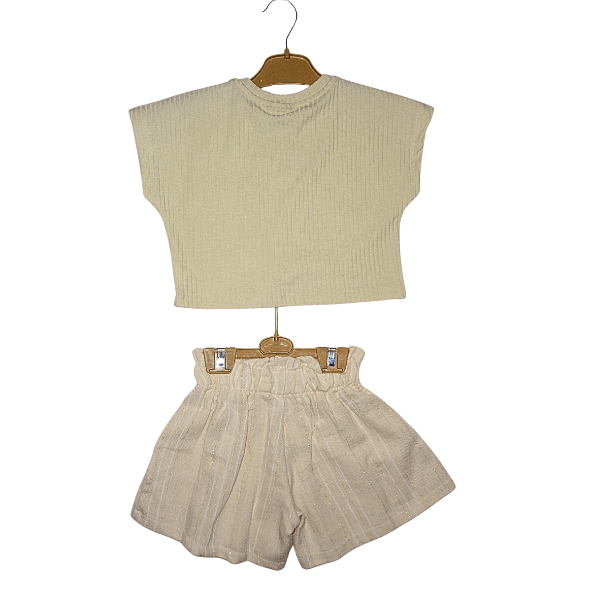 Ensemble fille crème 2 pièces – T-shirt bijou cœur & short bouffant doré Little Stars
