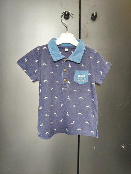 Polo 18 mois bleu marine - Motif dinoaure et poche cœur ref 04