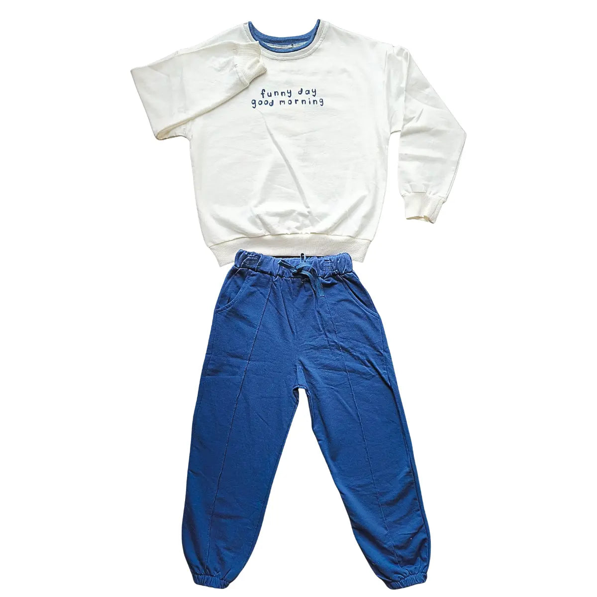 Pull blanc & pantalon bleu "Funny Day Good Morning"