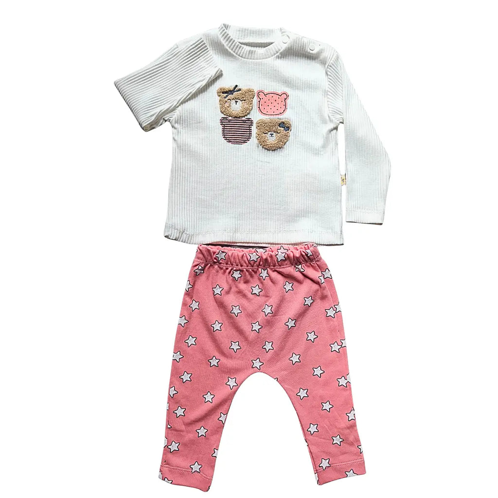 Pull blanc nounours & legging rose étoilé