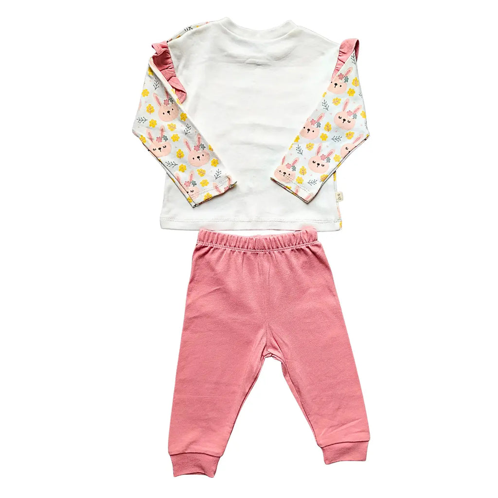 Ensemble fille blanc & corail – Lapin, feuillage et volants