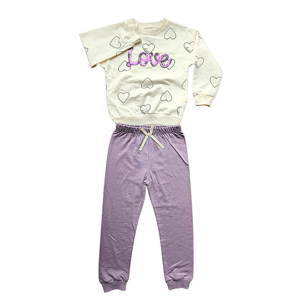 Pull “Love” à paillettes & pantalon mauve
