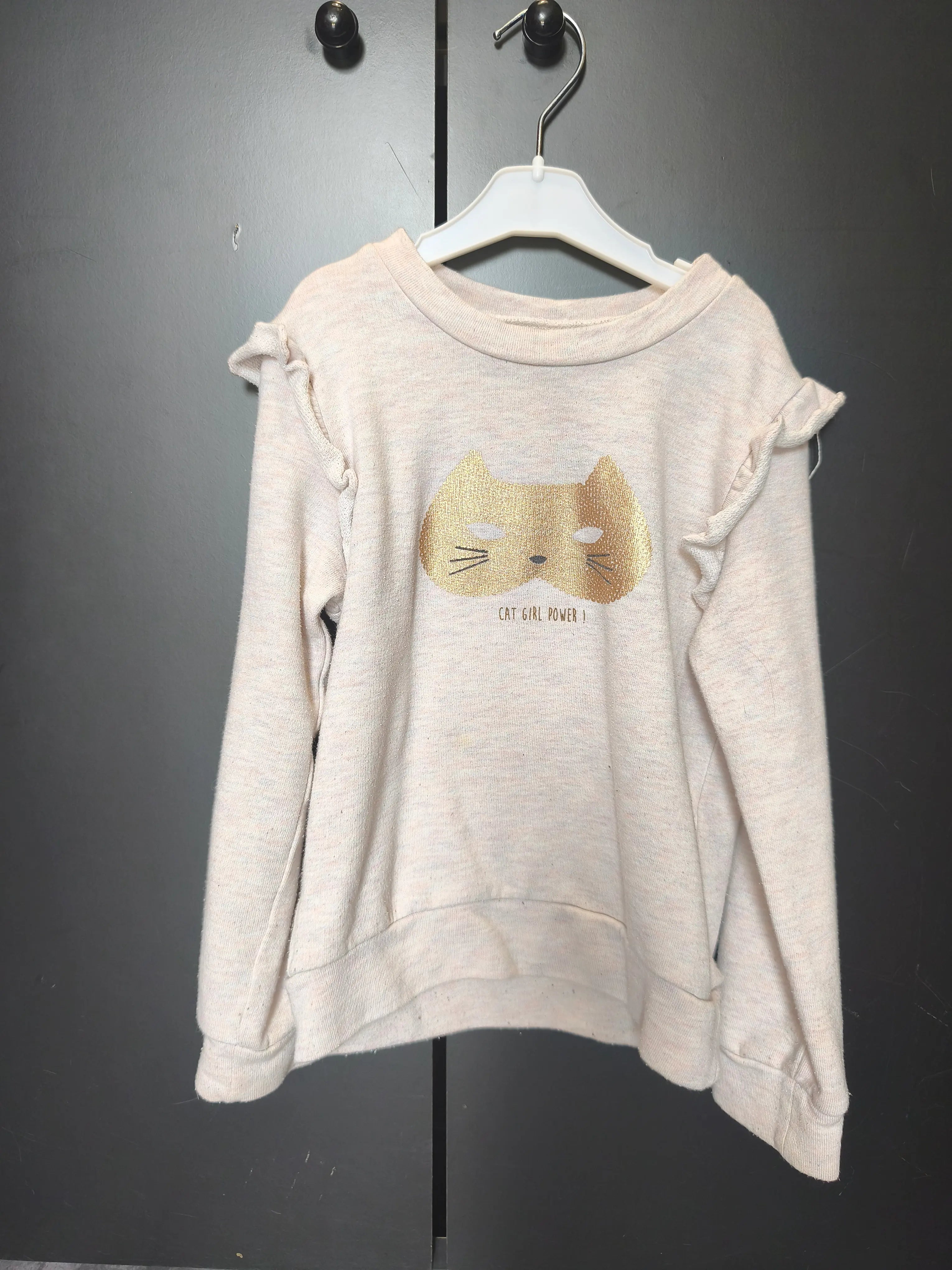 Pull rose pastel Sincere 8 ans – Motif masque chat & “Cat Girl Power”