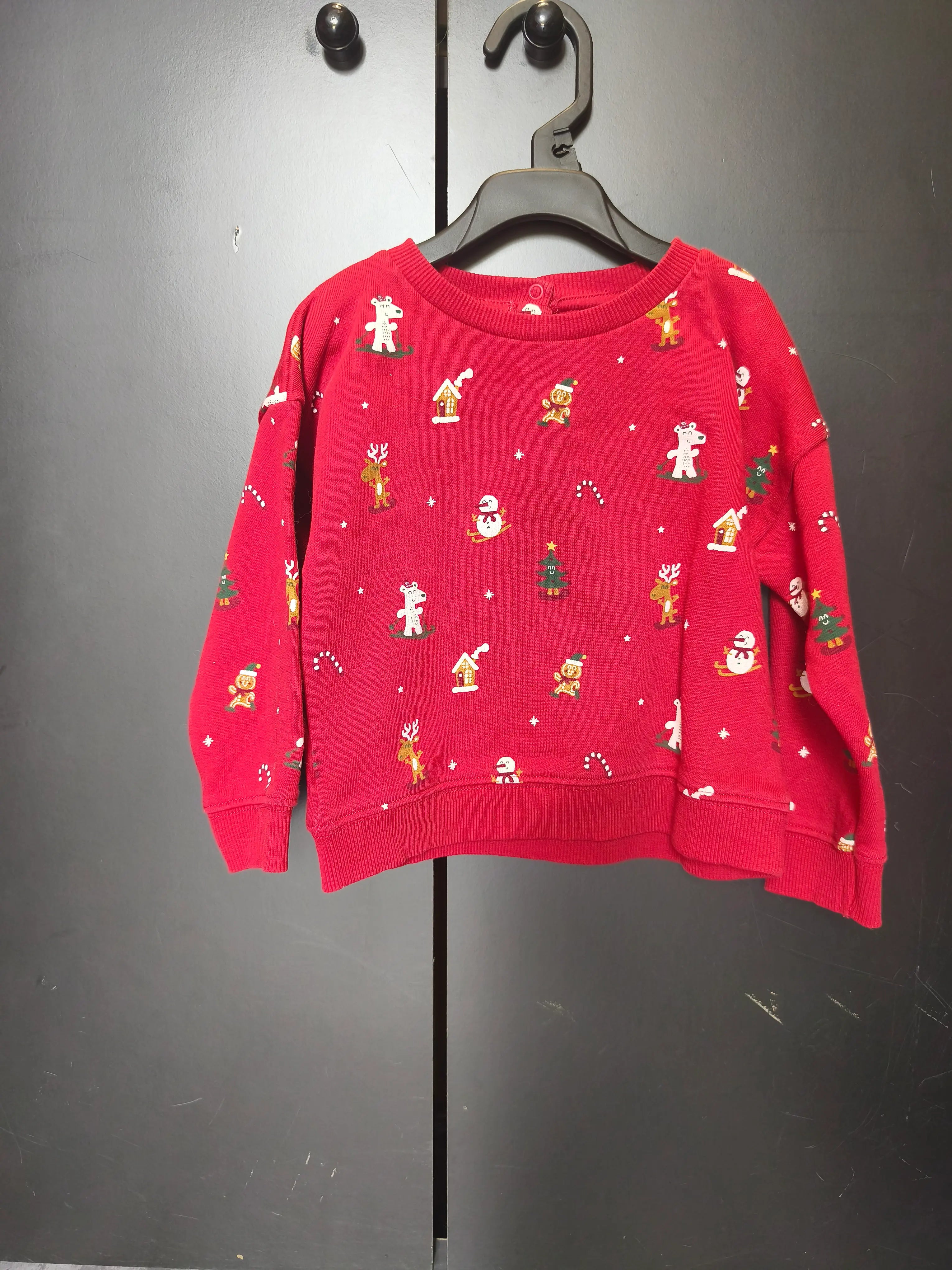 Pull de Noël Vertbaudet 24 mois – Rouge vif avec dessins festifs & boutons au dos
