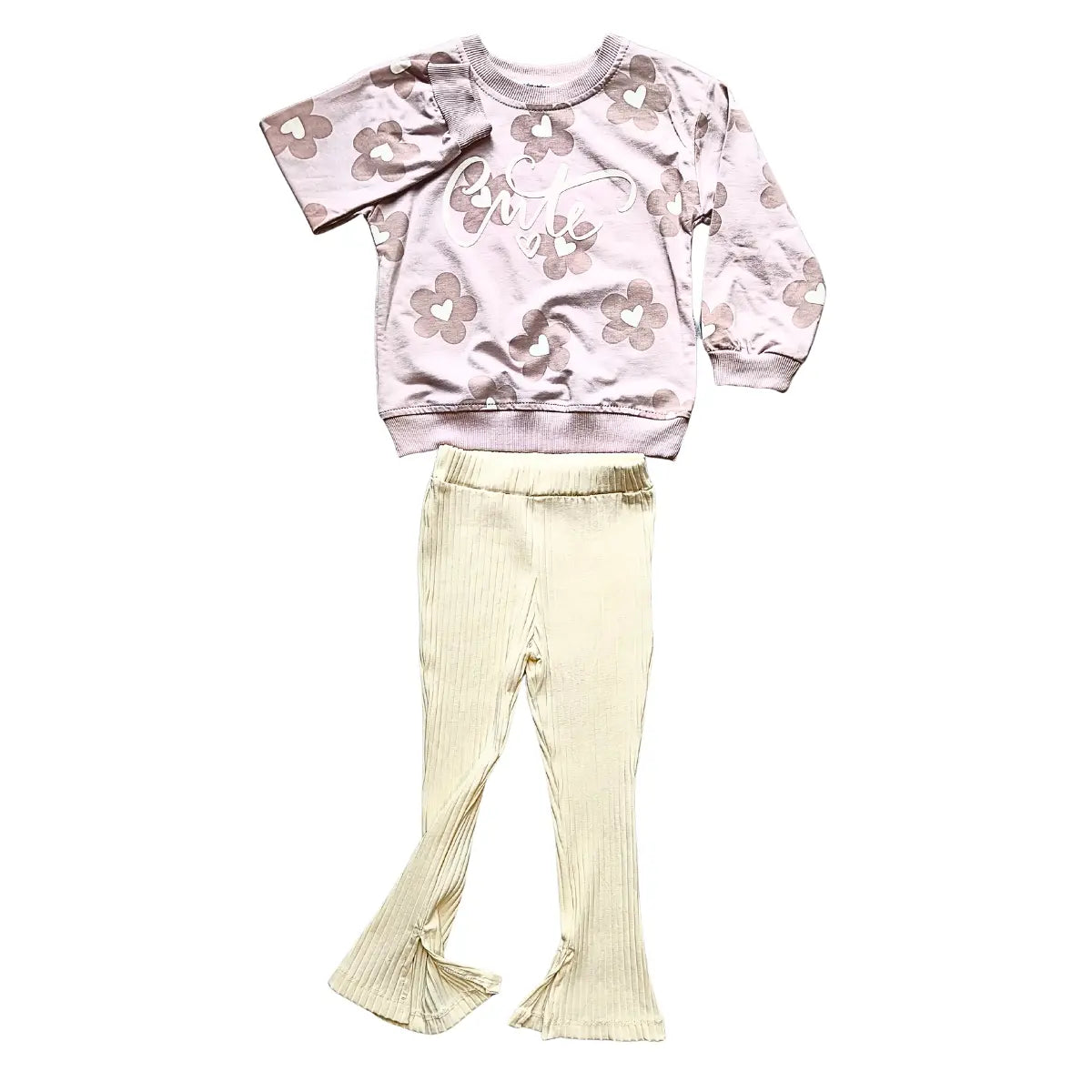 Pull violet & crème “Cute” & pantalon côtelé pattes d’eph