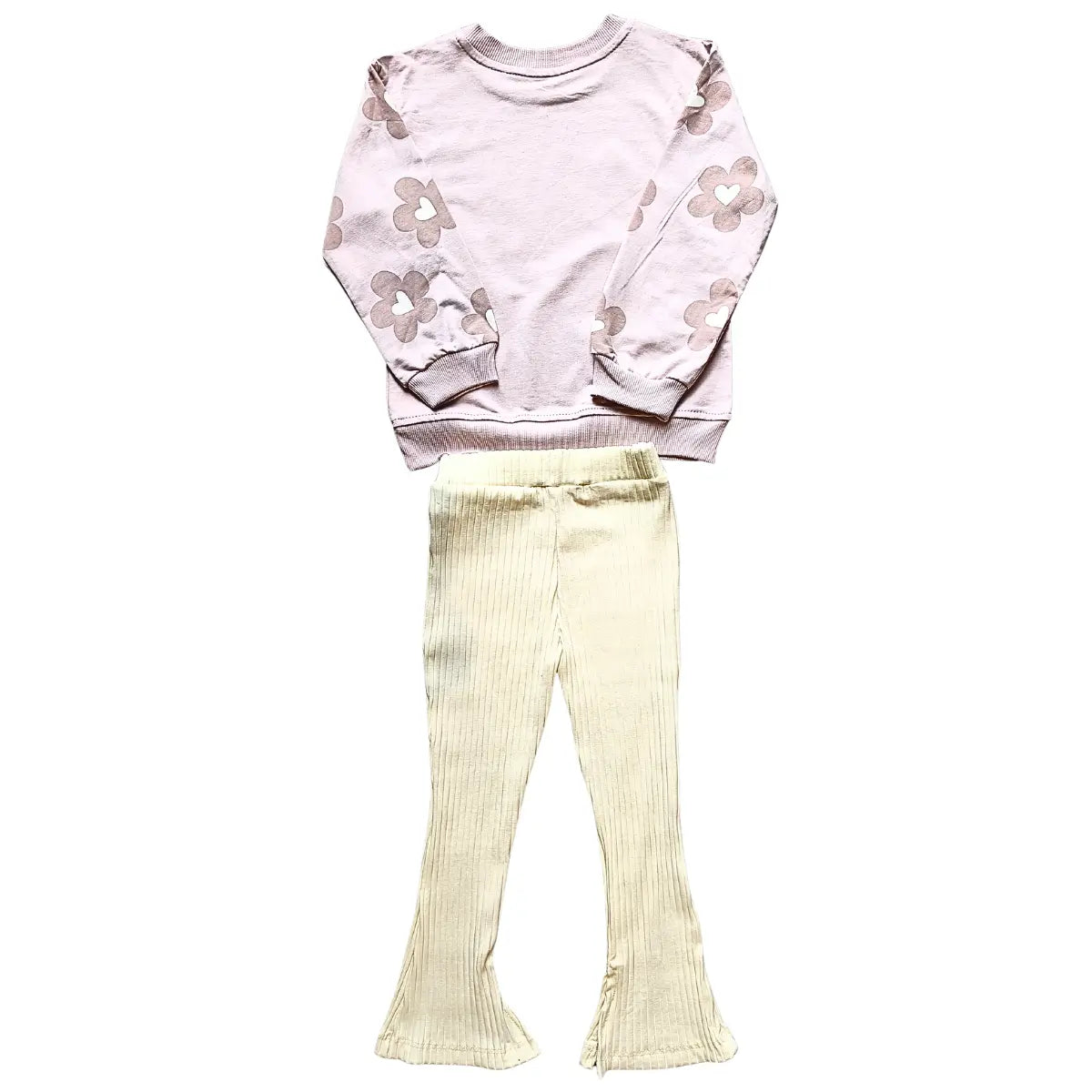 Pull violet & crème “Cute” & pantalon côtelé pattes d’eph