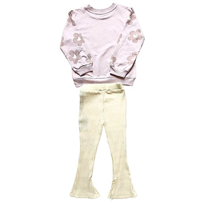 Pull violet & crème “Cute” & pantalon côtelé pattes d’eph ref 435256