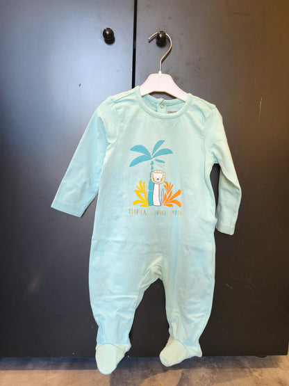 Grenouillère manches longues – Lion & décor tropical – Vert d’eau – 9 mois ref 254