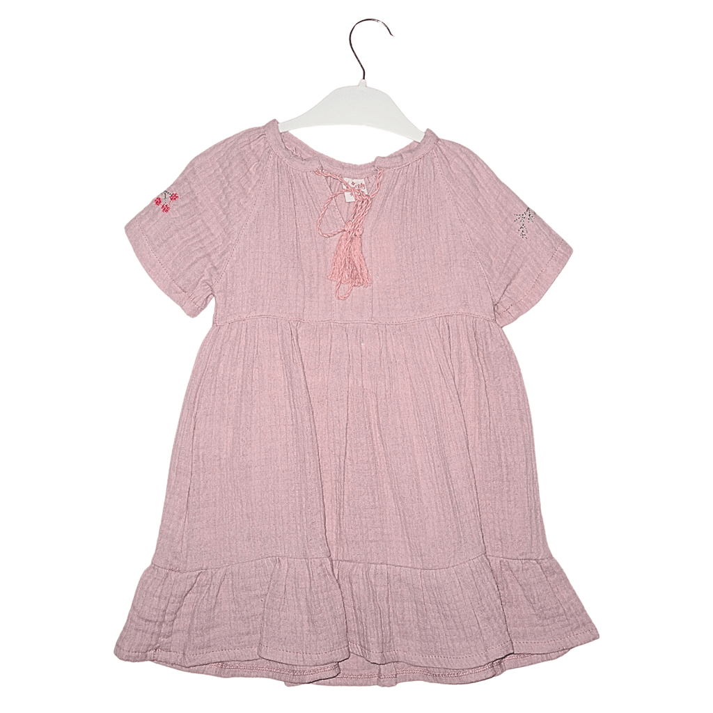 Robe Fille Rose Poudré en Coton – Manches Courtes Brodées, Nœud à l’avant Little Stars