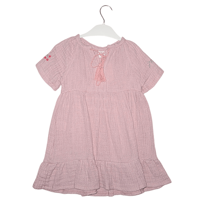 Robe Fille Rose Poudré en Coton – Manches Courtes Brodées, Nœud à l’avant Little Stars