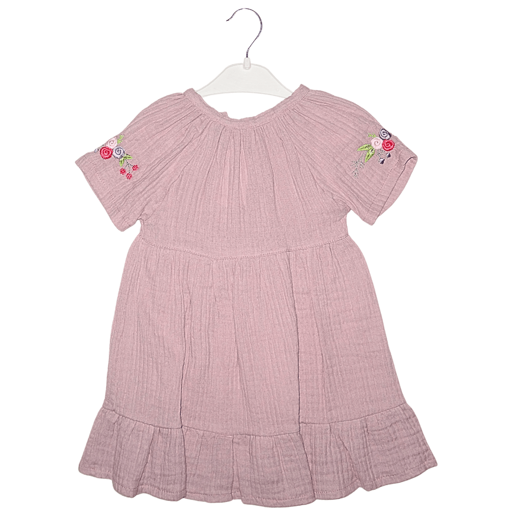 Robe Fille Rose Poudré en Coton – Manches Courtes Brodées, Nœud à l’avant Little Stars