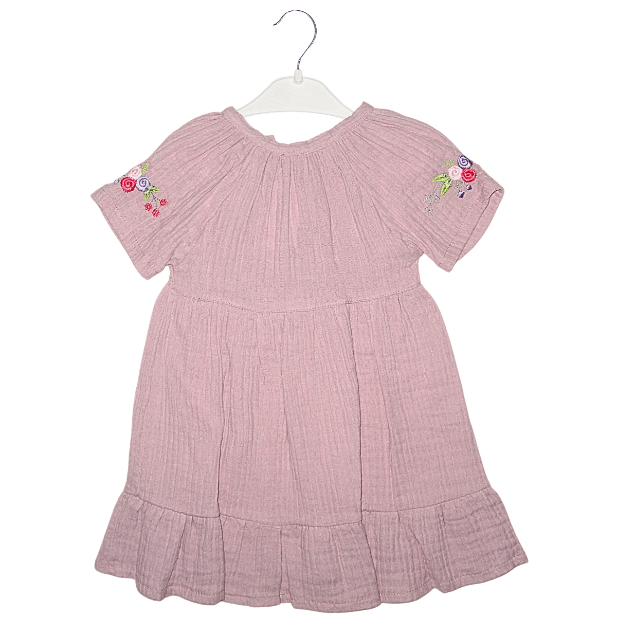 Robe Fille Rose Poudré en Coton – Manches Courtes Brodées, Nœud à l’avant Little Stars
