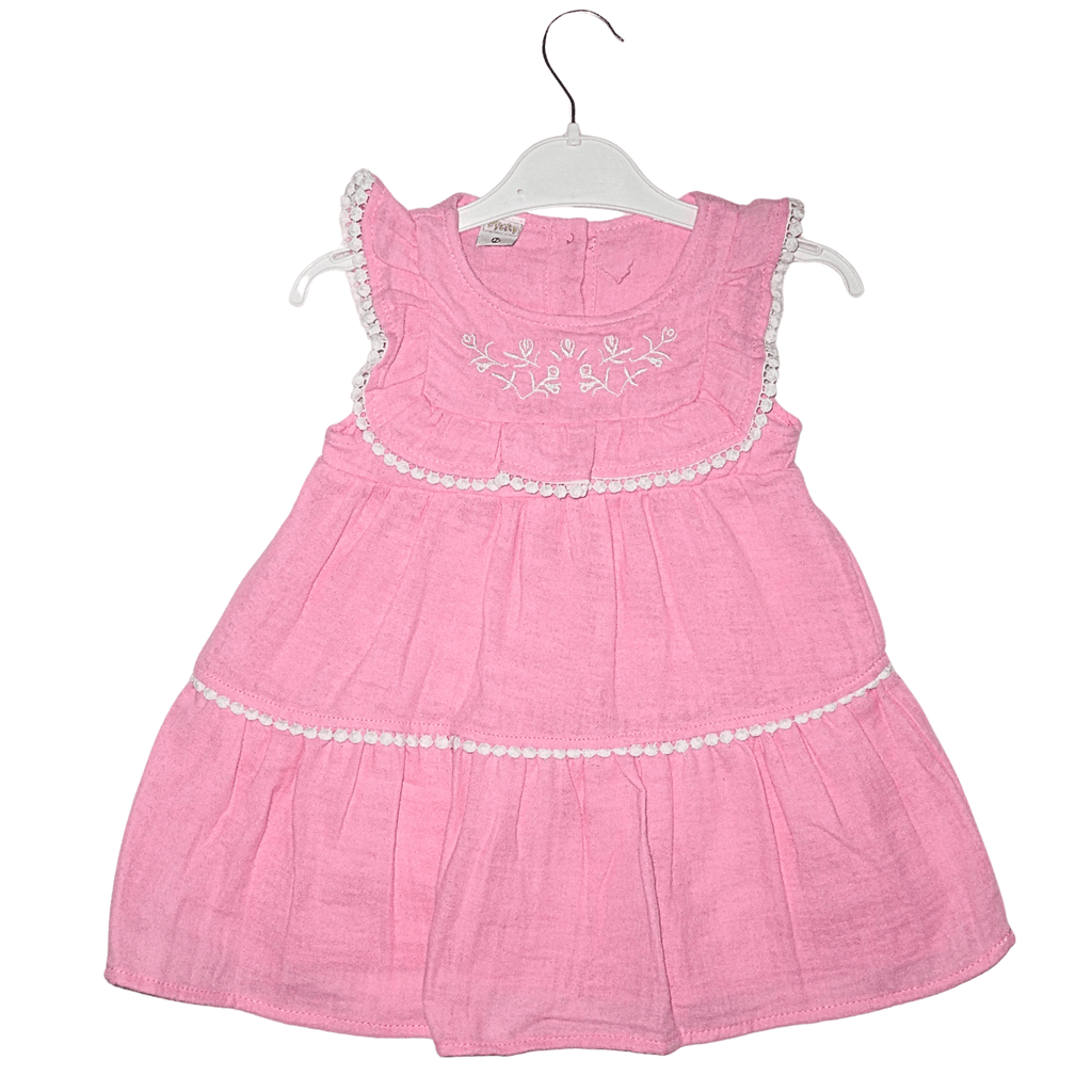 Robe Rose Fille en Coton avec Dentelle et Broderie Little Stars