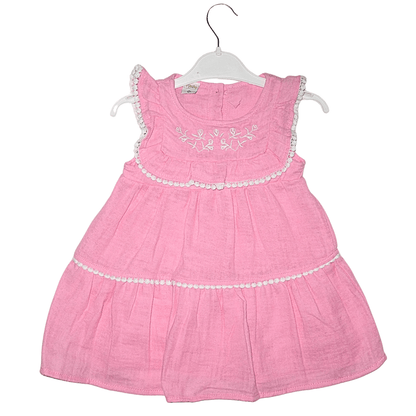 Robe Rose Fille en Coton avec Dentelle et Broderie Little Stars