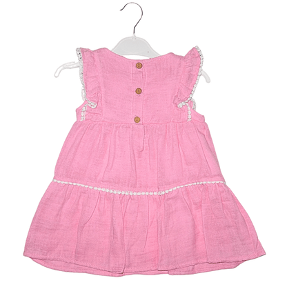Robe Rose Fille en Coton avec Dentelle et Broderie Little Stars