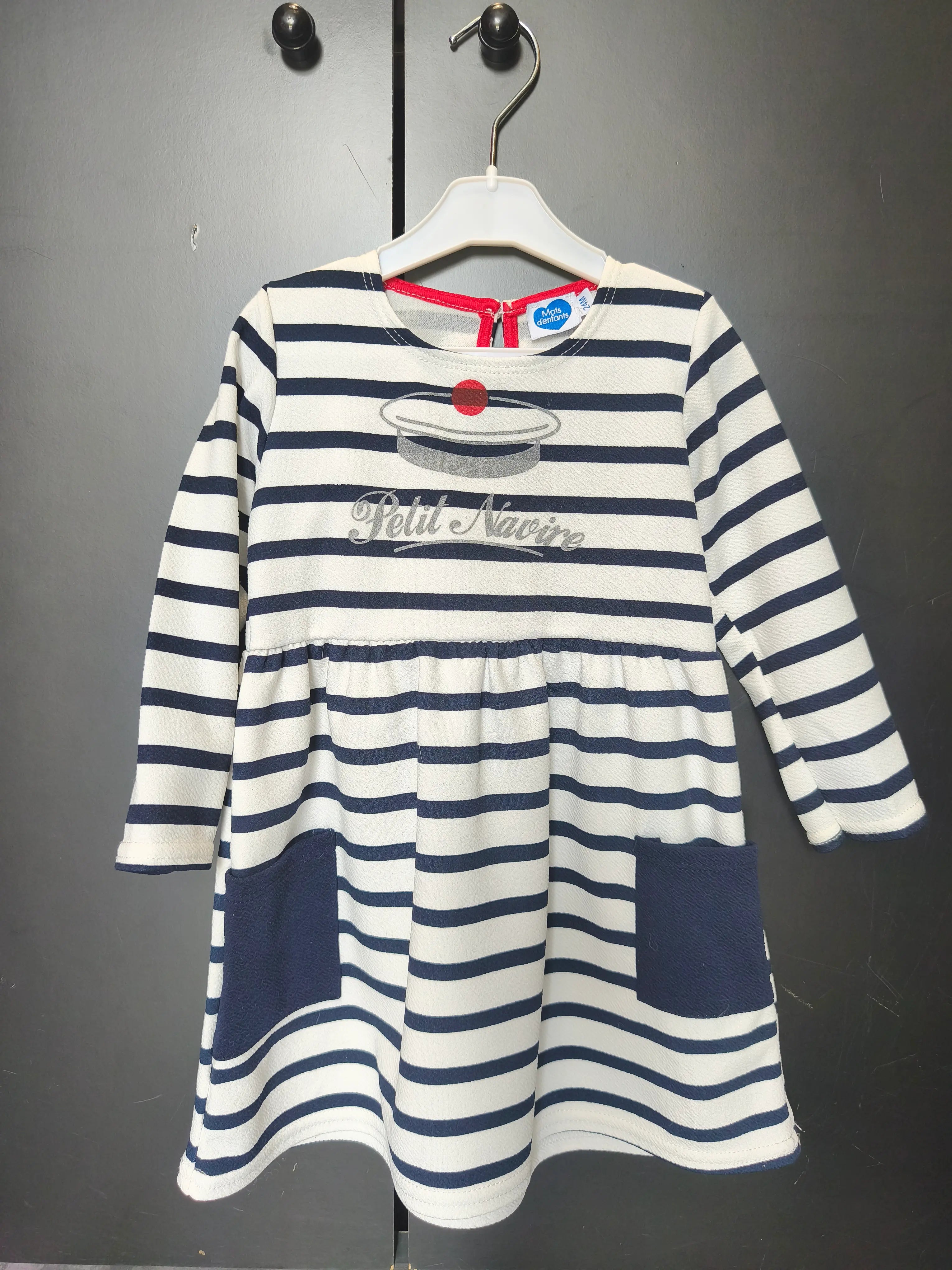 Robe marinière Mots d’Enfants 24 mois - Blanche rayée bleu & motif marin