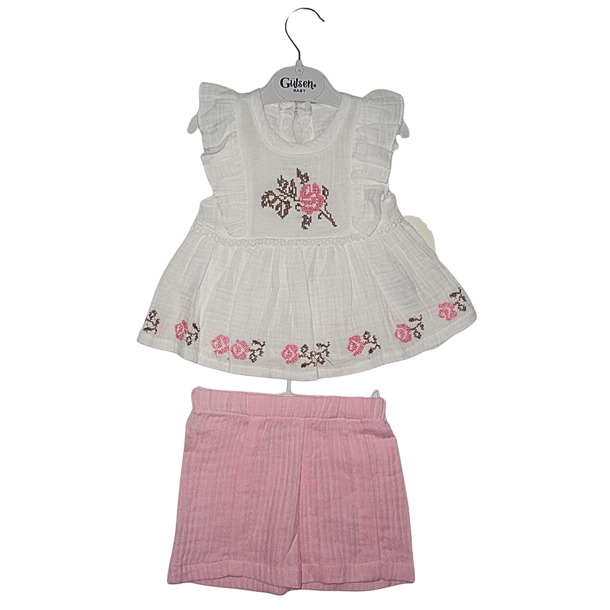 Ensemble Bébé Fille 100% Coton – T-shirt Blanc Brodé & Short Rose Clair Little Stars
