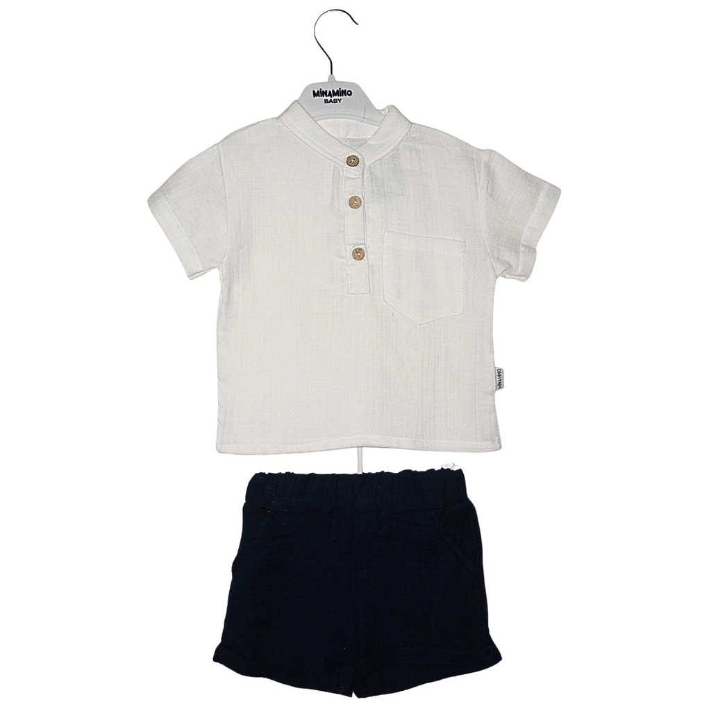Ensemble Garçon Été 100% Coton – T-Shirt Blanc & Short Bleu Marine Little Stars