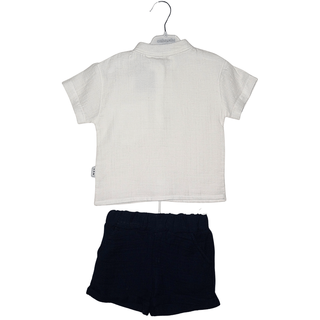 Ensemble Garçon Été 100% Coton – T-Shirt Blanc & Short Bleu Marine Little Stars