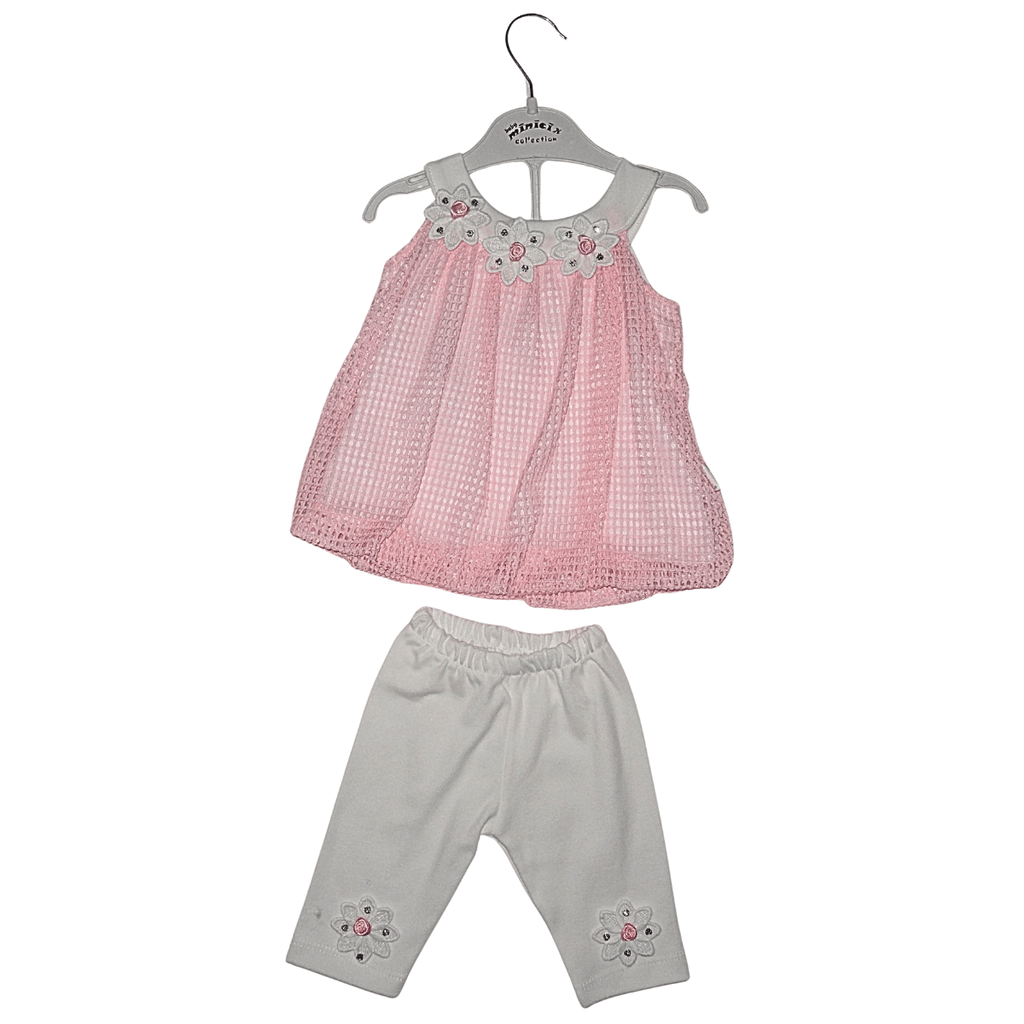 Ensemble Bébé Fille Rose et Blanc – T-shirt Bretelle Dentelle + Pantacourt Fleuris Little Stars