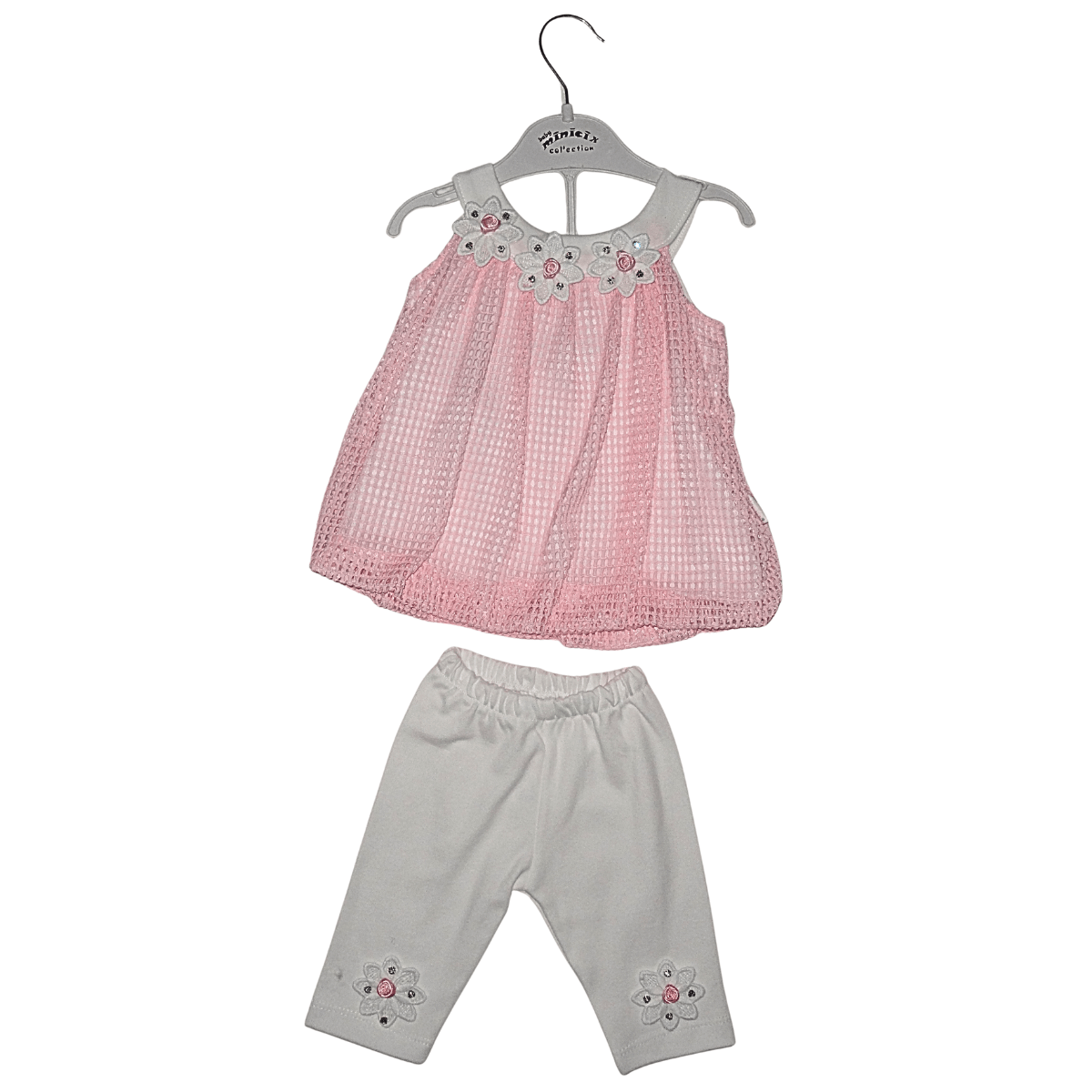 Ensemble Bébé Fille Rose et Blanc – T-shirt Bretelle Dentelle + Pantacourt Fleuris Little Stars